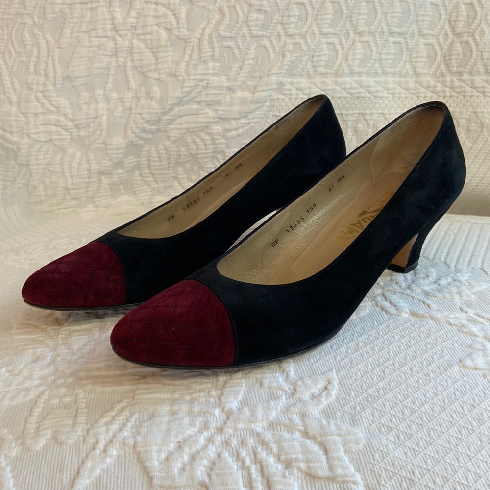 Salvatore Ferragamo heels, black suede leather w/burgundy toe detail, 8 1/2 AA